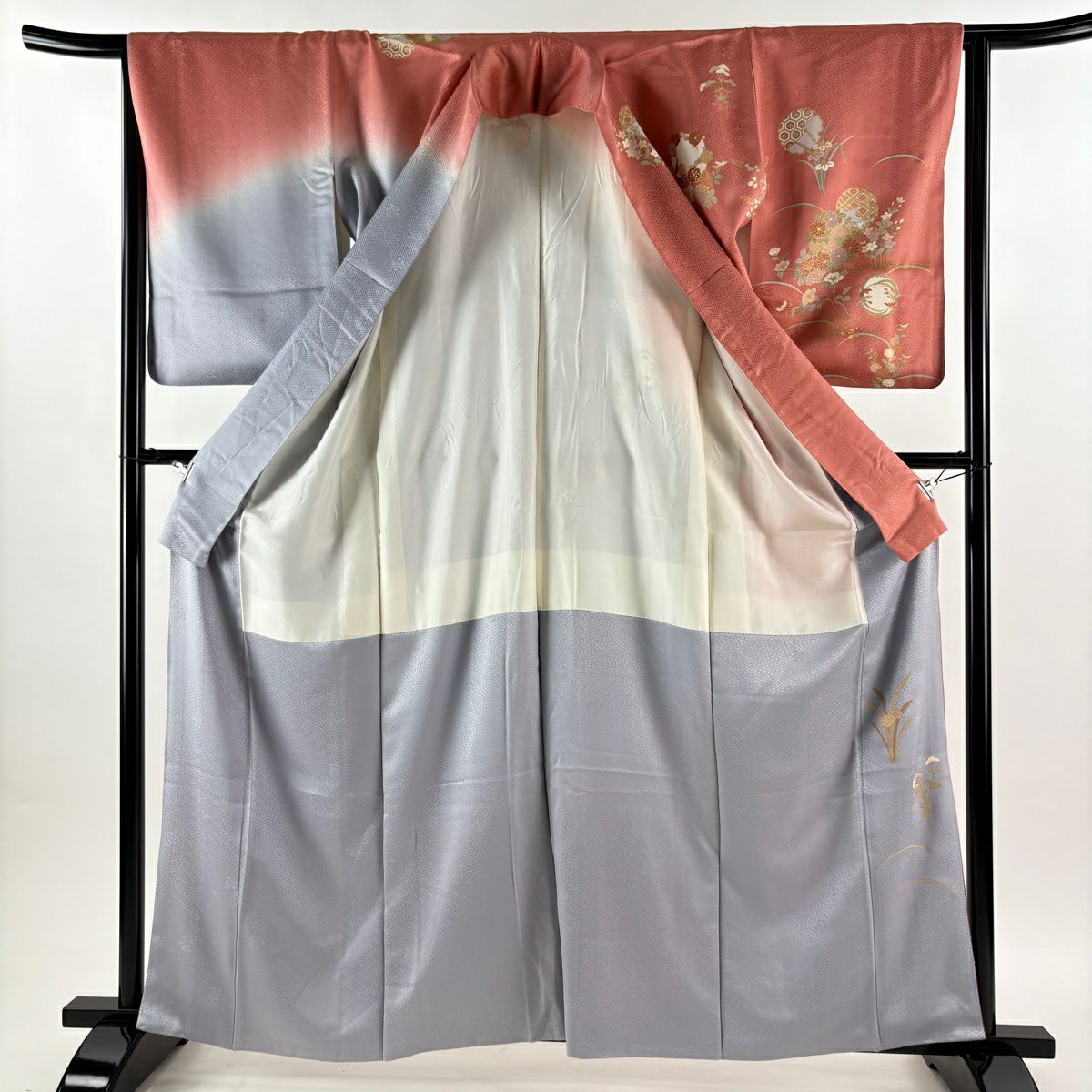 訪問服 身長162cm 袖長64cm M 雙層 花丸紋 芝 金銀彩 漸層 粉色 純蠶絲 秀品級 一つ紋