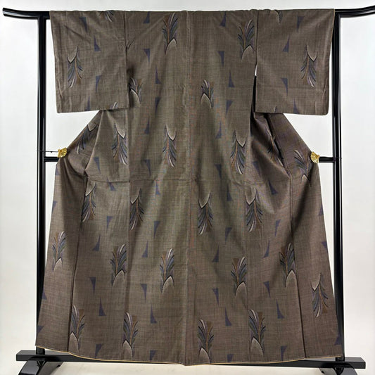 【美品】 大島紬織 身長160cm 袖長62.5cm S 雙層 純泥染 證書附帶 葉紋 幾何圖案 焦茶 純蠶絲 優品級