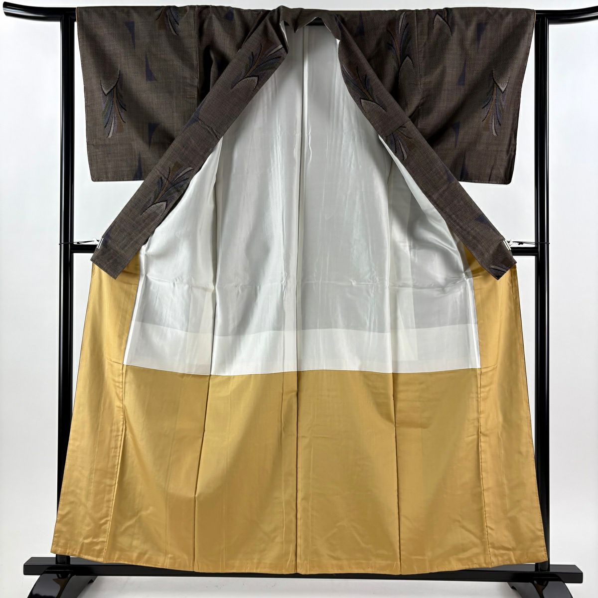 【美品】 大島紬織 身長160cm 袖長62.5cm S 雙層 純泥染 證書附帶 葉紋 幾何圖案 焦茶 純蠶絲 優品級