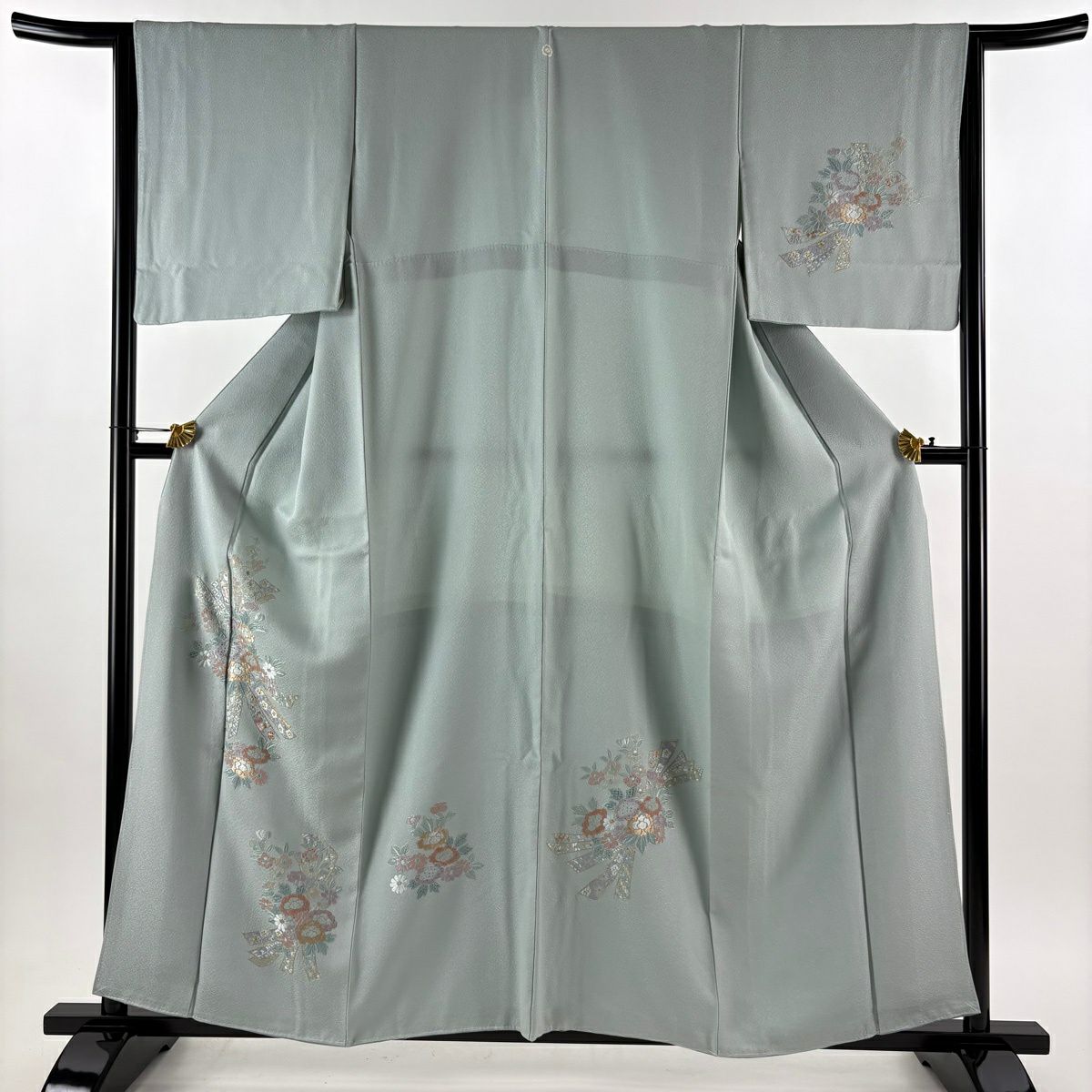 付下 身長158.5cm 袖長65cm M 雙層 束帶 草花紋紋 金彩裝飾 刺繡 青灰 純蠶絲 秀品級 一つ紋