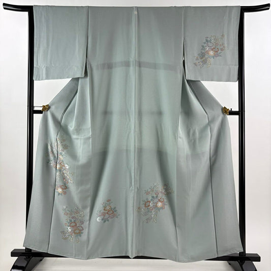 付下 身長158.5cm 袖長65cm M 雙層 束帶 草花紋紋 金彩裝飾 刺繡 青灰 純蠶絲 秀品級 一つ紋