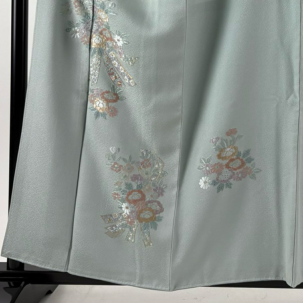付下 身長158.5cm 袖長65cm M 雙層 束帶 草花紋紋 金彩裝飾 刺繡 青灰 純蠶絲 秀品級 一つ紋
