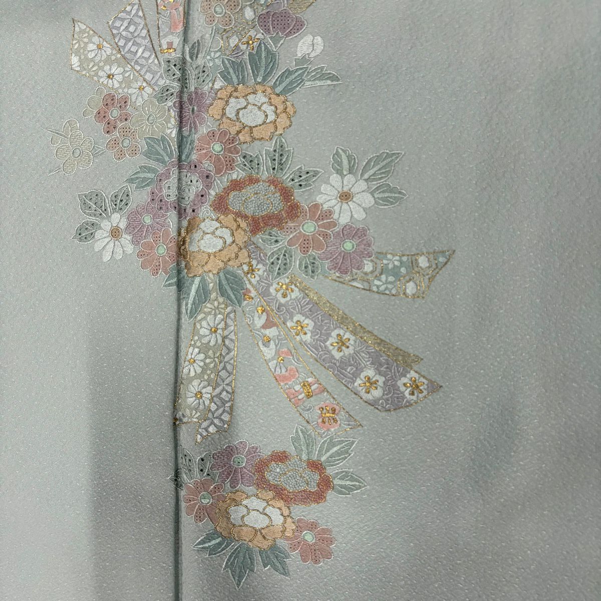 付下 身長158.5cm 袖長65cm M 雙層 束帶 草花紋紋 金彩裝飾 刺繡 青灰 純蠶絲 秀品級 一つ紋