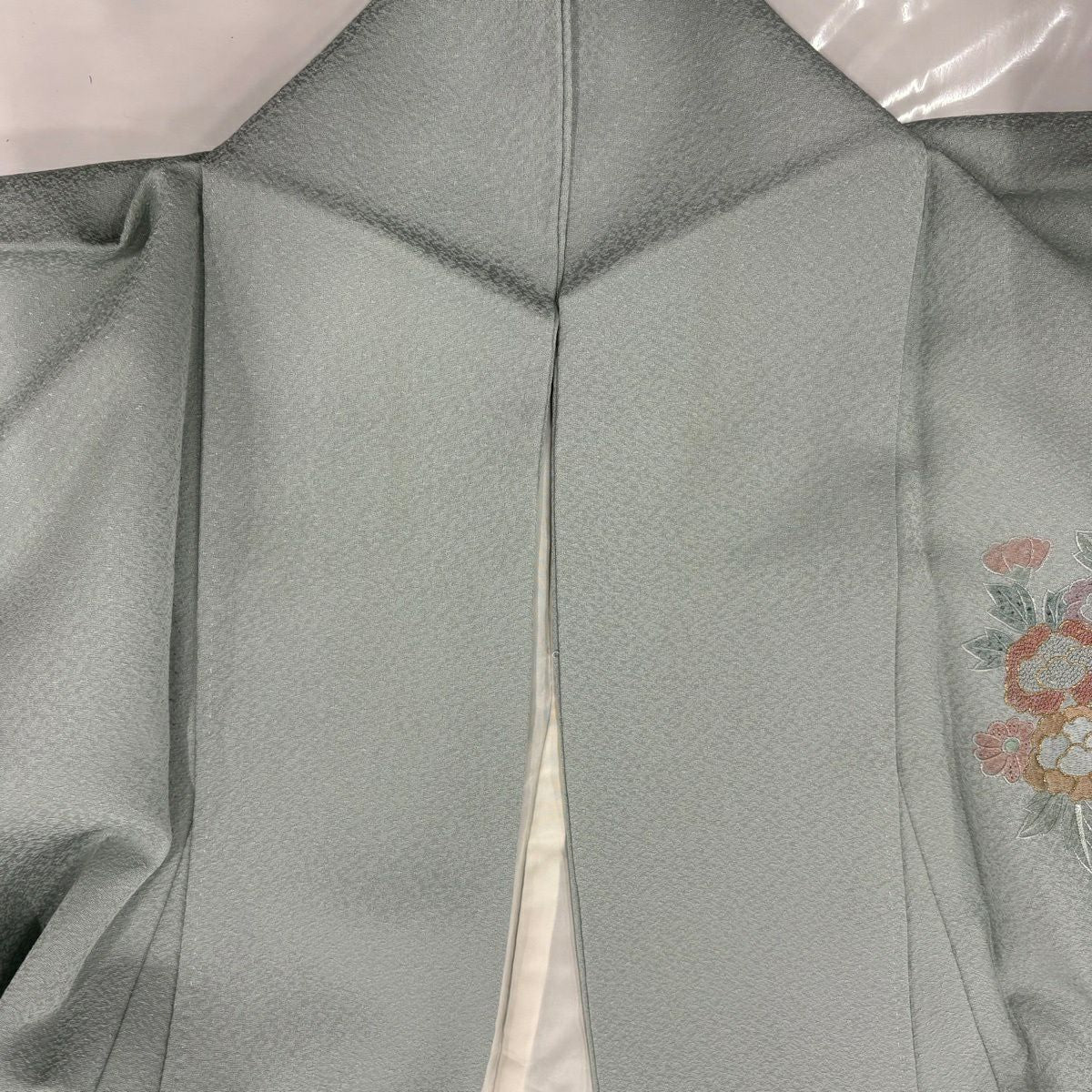 付下 身長158.5cm 袖長65cm M 雙層 束帶 草花紋紋 金彩裝飾 刺繡 青灰 純蠶絲 秀品級 一つ紋