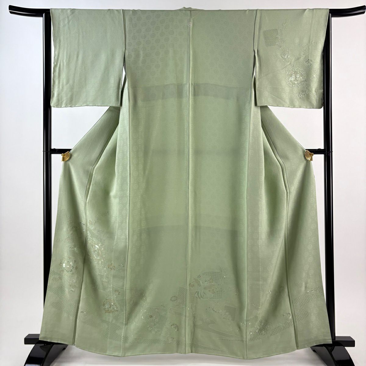 付下 身長163cm 袖長64.5cm M 雙層 華紋 鳳凰 刺繡 金線 淺綠 純蠶絲 秀品級 一個紋