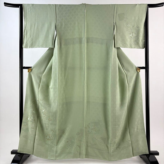付下 身長163cm 袖長64.5cm M 雙層 華紋 鳳凰 刺繡 金線 淺綠 純蠶絲 秀品級 一個紋