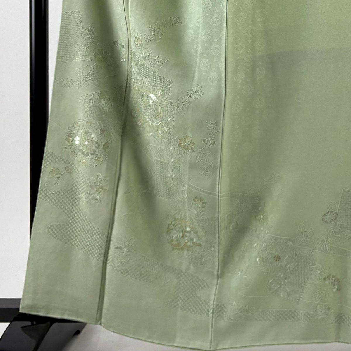 付下 身長163cm 袖長64.5cm M 雙層 華紋 鳳凰 刺繡 金線 淺綠 純蠶絲 秀品級 一個紋