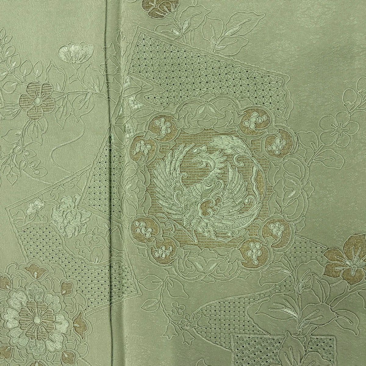付下 身長163cm 袖長64.5cm M 雙層 華紋 鳳凰 刺繡 金線 淺綠 純蠶絲 秀品級 一個紋