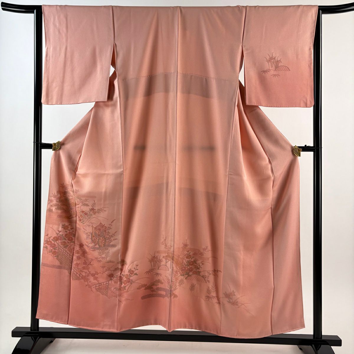 付下 身長156cm 袖長64.5cm M 雙層 御所車 松樹竹子梅花 金銀彩 刺繡 鮭粉色 純蠶絲 優品級