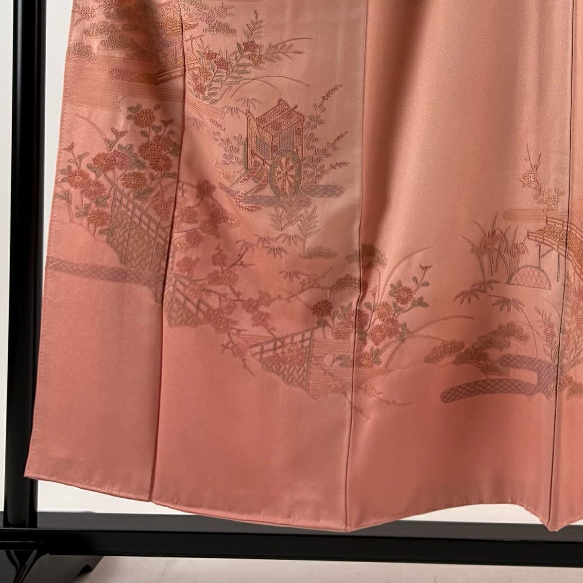 付下 身長156cm 袖長64.5cm M 雙層 御所車 松樹竹子梅花 金銀彩 刺繡 鮭粉色 純蠶絲 優品級