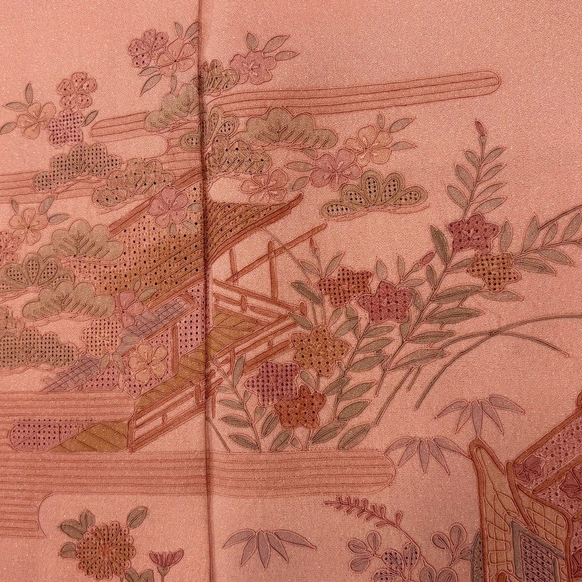 付下 身長156cm 袖長64.5cm M 雙層 御所車 松樹竹子梅花 金銀彩 刺繡 鮭粉色 純蠶絲 優品級