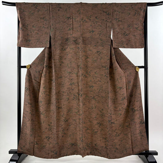 小紋 身長160cm 袖長68cm L 雙層 南部幸雄 落款 草花紋 流水 縮緬 茶 純蠶絲 秀品級