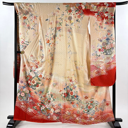振袖禮服 身長162.5cm 袖長70cm L 雙層 花車 波 金糸 金銀彩 米色 純蠶絲 優品級