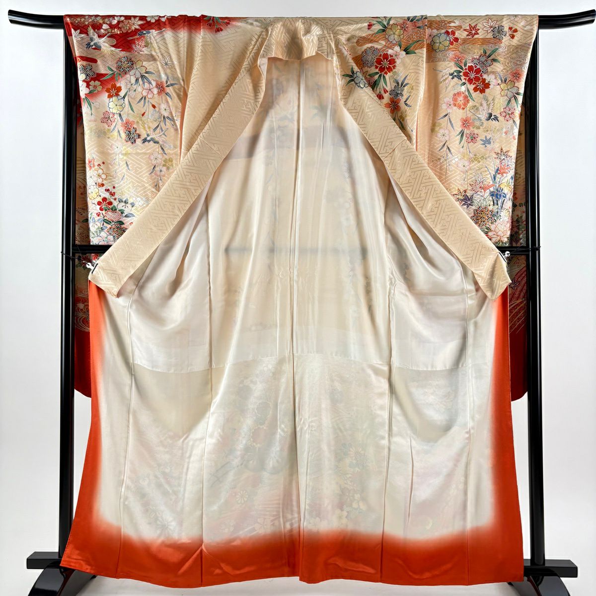 振袖禮服 身長162.5cm 袖長70cm L 雙層 花車 波 金糸 金銀彩 米色 純蠶絲 優品級