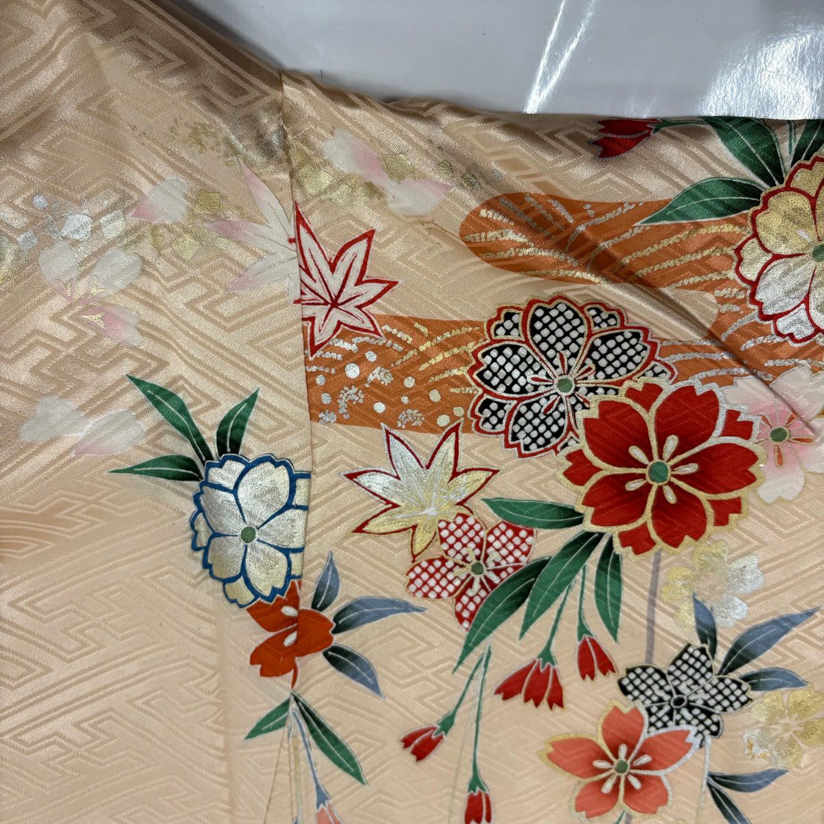振袖禮服 身長162.5cm 袖長70cm L 雙層 花車 波 金糸 金銀彩 米色 純蠶絲 優品級