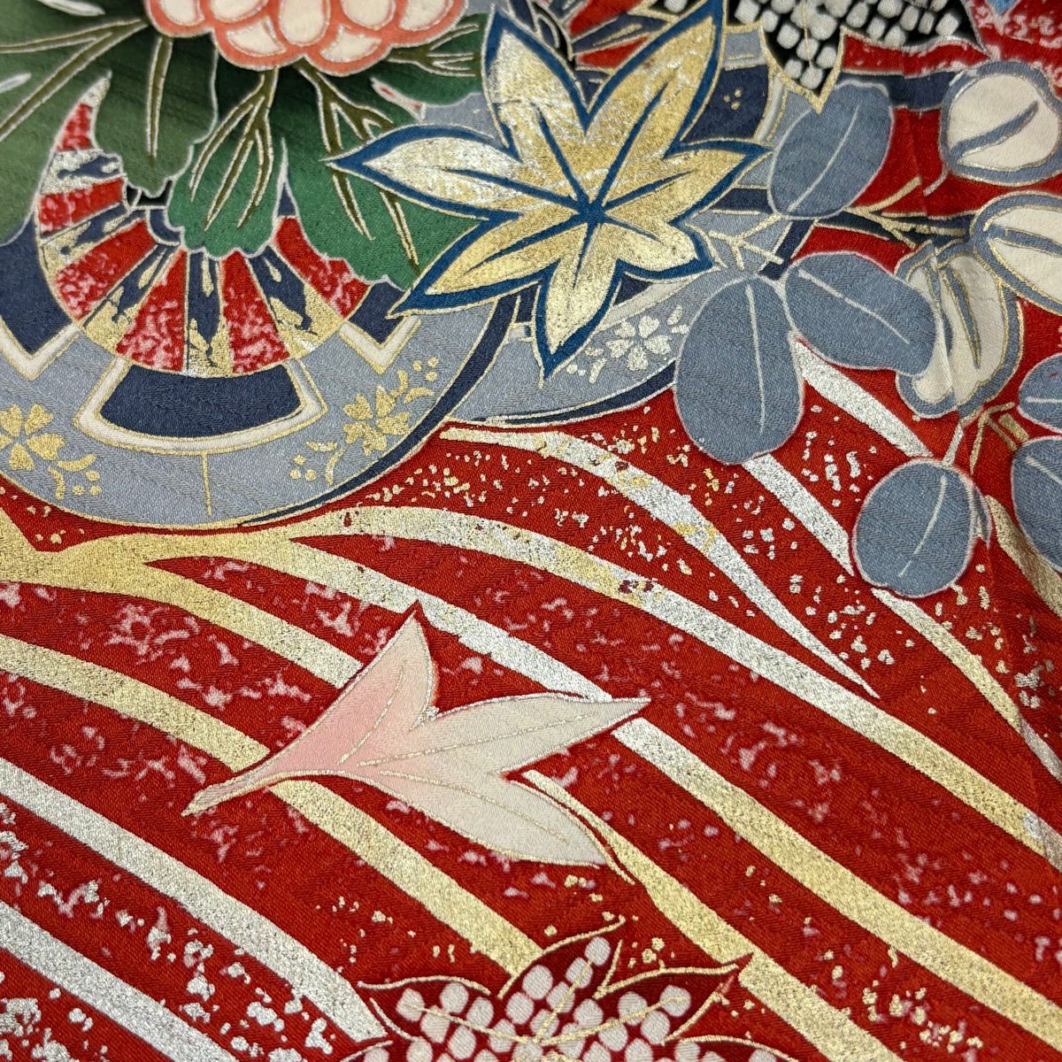 振袖禮服 身長162.5cm 袖長70cm L 雙層 花車 波 金糸 金銀彩 米色 純蠶絲 優品級