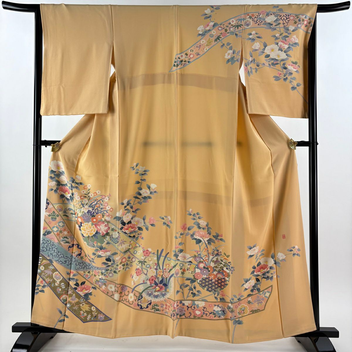 訪問服 身長160cm 袖長66.5cm M 雙層 落款 草花紋紋 熨斗紋 薄橙色 純蠶絲 秀品級