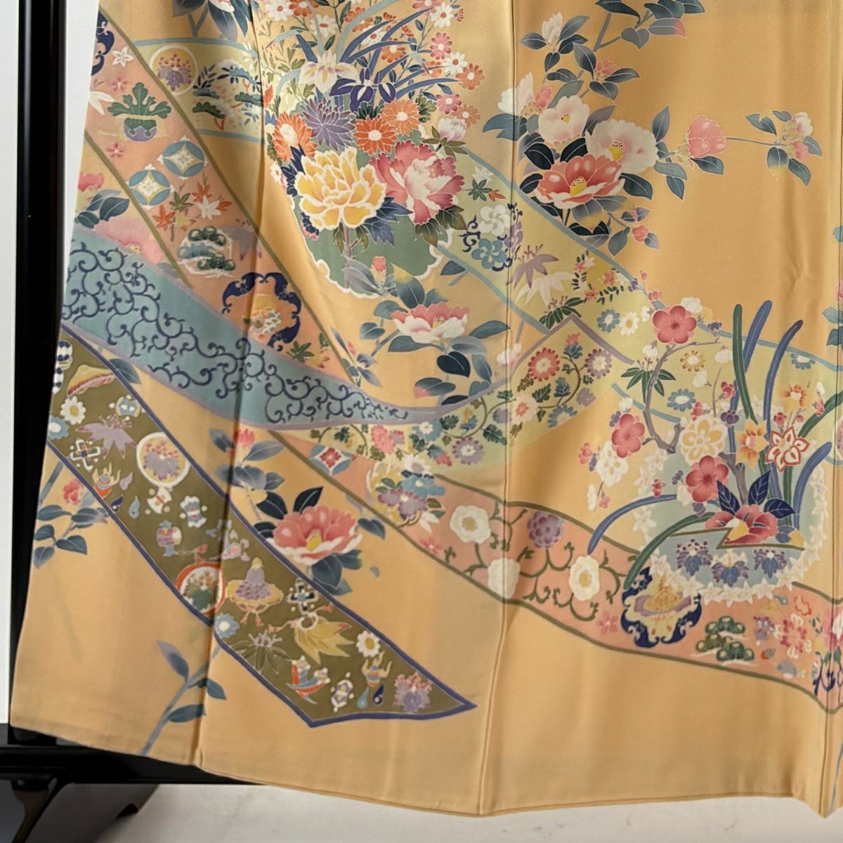 訪問服 身長160cm 袖長66.5cm M 雙層 落款 草花紋紋 熨斗紋 薄橙色 純蠶絲 秀品級