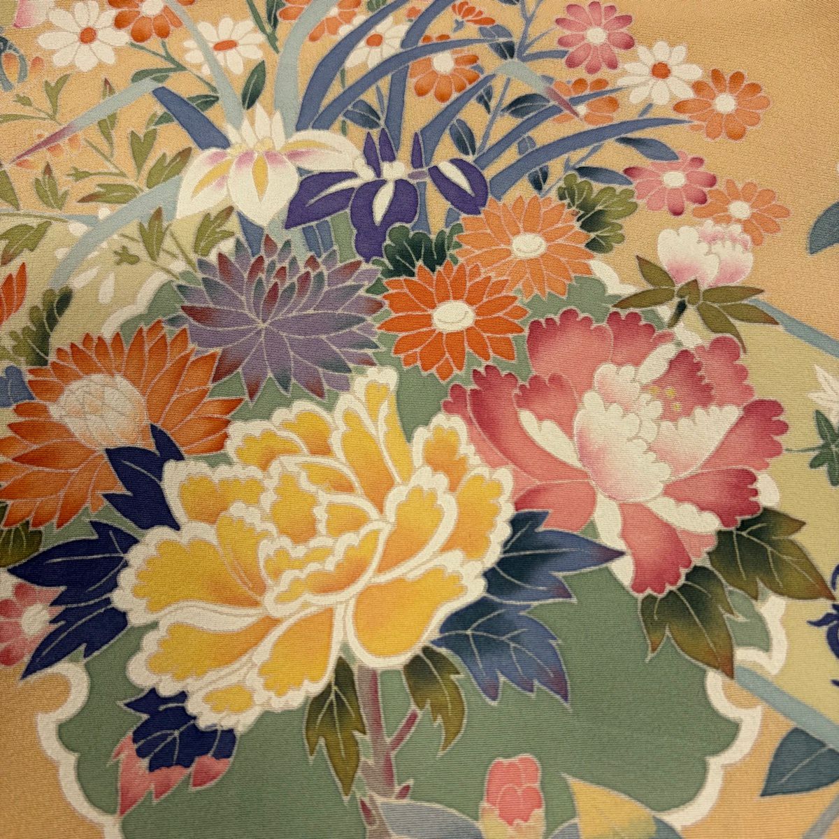訪問服 身長160cm 袖長66.5cm M 雙層 落款 草花紋紋 熨斗紋 薄橙色 純蠶絲 秀品級
