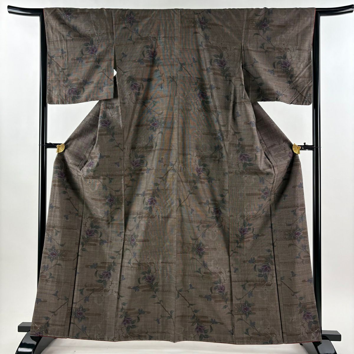 【美品】 大島紬織 身長163.5cm 袖長65cm M 雙層 證書附帶 草花紋紋 霞紋 純泥染 焦茶 純蠶絲 優品級
