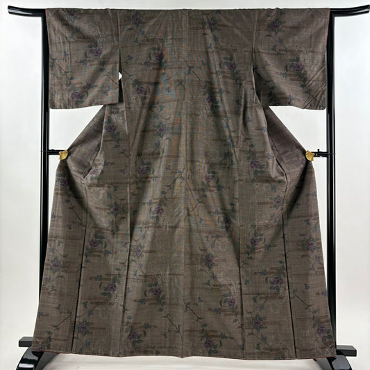 【美品】 大島紬織 身長163.5cm 袖長65cm M 雙層 證書附帶 草花紋紋 霞紋 純泥染 焦茶 純蠶絲 優品級