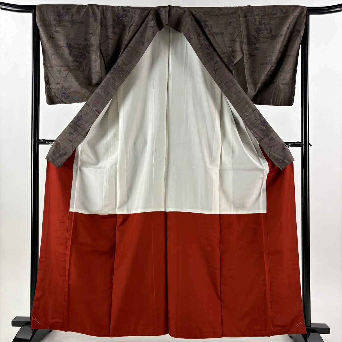 【美品】 大島紬織 身長163.5cm 袖長65cm M 雙層 證書附帶 草花紋紋 霞紋 純泥染 焦茶 純蠶絲 優品級
