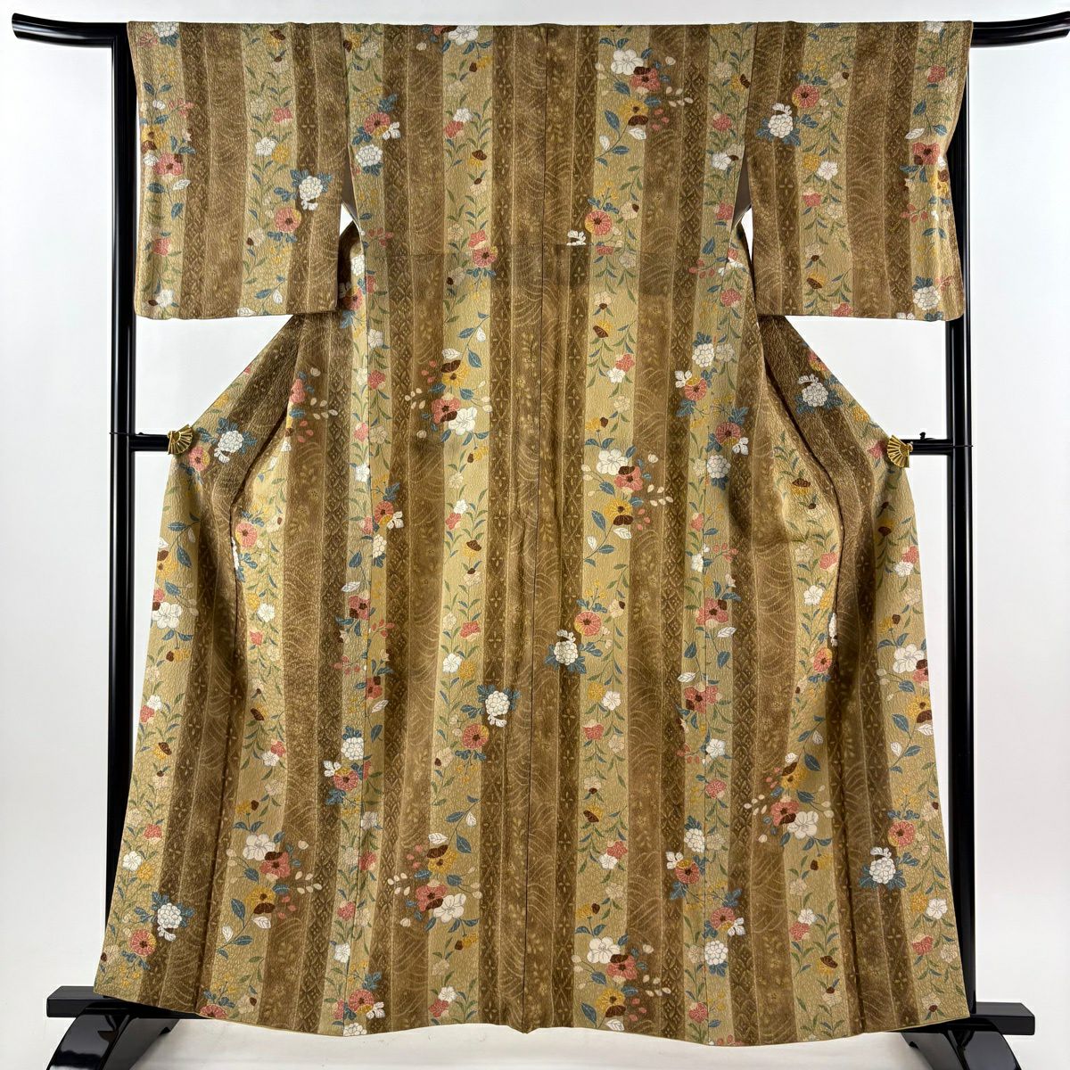 【美品】 小紋 身長159.5cm 袖長66cm M 雙層 縱條紋 草花紋 茶 純蠶絲 秀品級