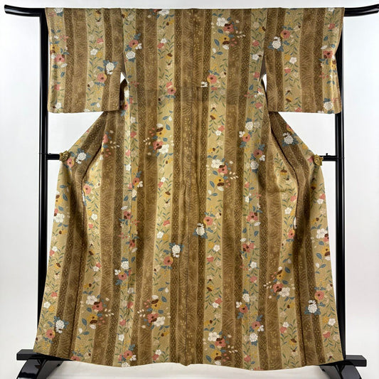 【美品】 小紋 身長159.5cm 袖長66cm M 雙層 縱條紋 草花紋 茶 純蠶絲 秀品級