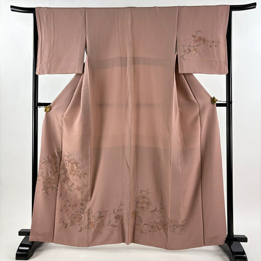 付下 身長163cm 袖長66.5cm M 雙層 華紋 花唐草紋 刺繡 金線 粉米色 純蠶絲 優品級