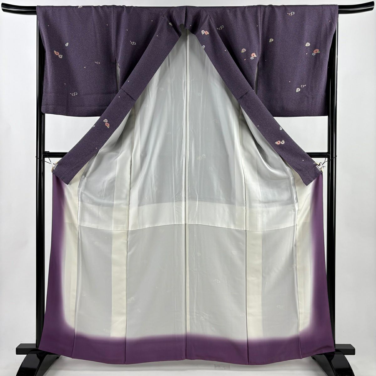 小紋 身長164cm 袖長66.5cm M 雙層 菊花 七寶紋 銀線 刺繡 紫 純蠶絲 秀品級