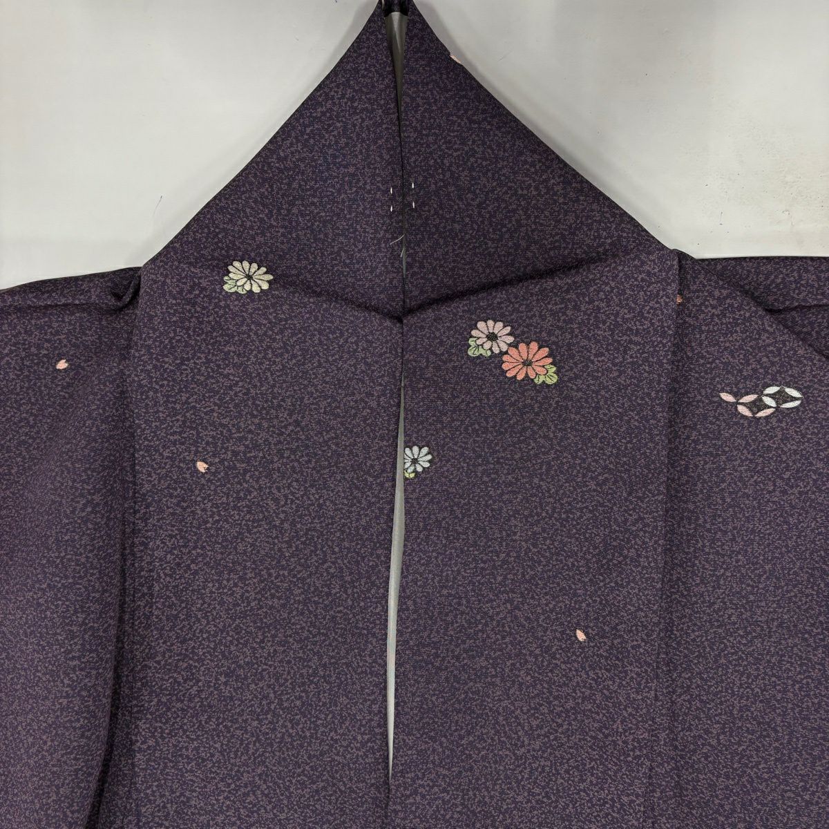 小紋 身長164cm 袖長66.5cm M 雙層 菊花 七寶紋 銀線 刺繡 紫 純蠶絲 秀品級