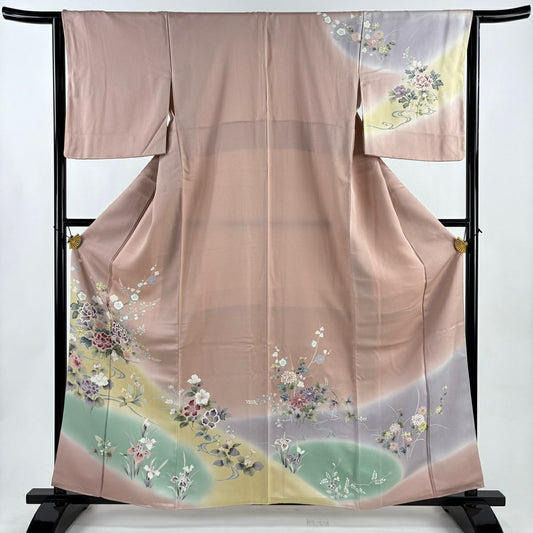 訪問服 身長160cm 袖長64.5cm M 雙層 牡丹 枝梅花 漸層 金絲 粉米色 純蠶絲 優品級
