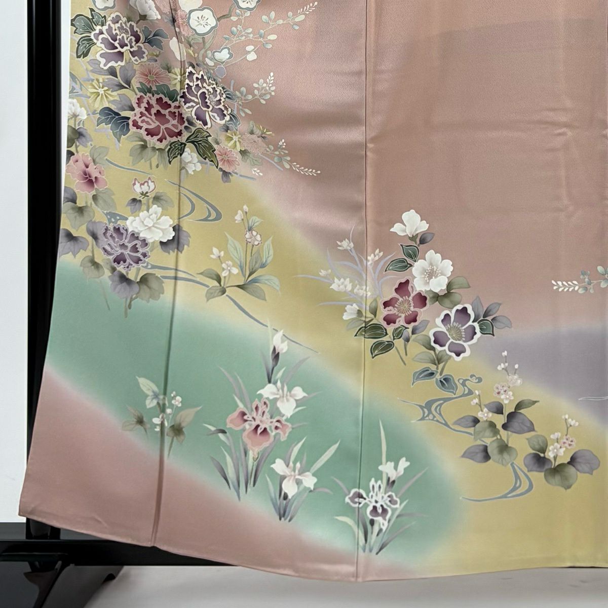訪問服 身長160cm 袖長64.5cm M 雙層 牡丹 枝梅花 漸層 金絲 粉米色 純蠶絲 優品級