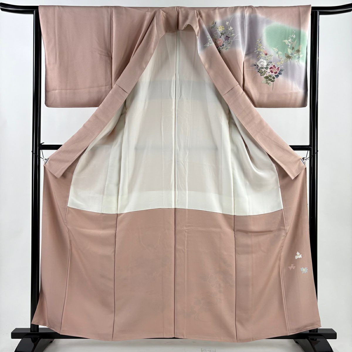 訪問服 身長160cm 袖長64.5cm M 雙層 牡丹 枝梅花 漸層 金絲 粉米色 純蠶絲 優品級