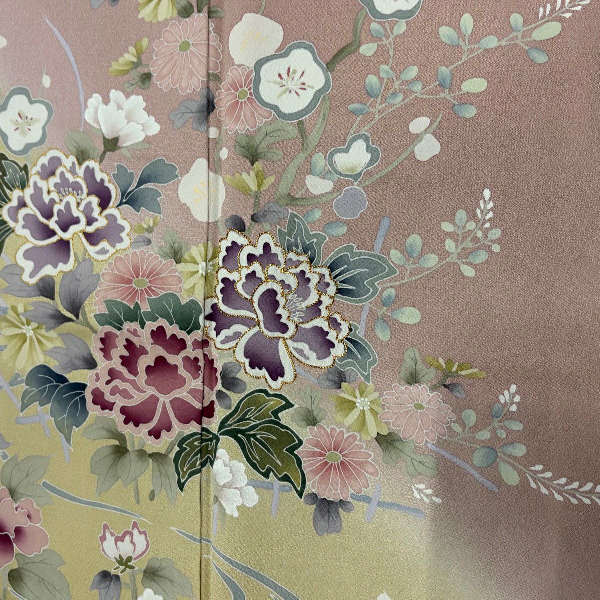 訪問服 身長160cm 袖長64.5cm M 雙層 牡丹 枝梅花 漸層 金絲 粉米色 純蠶絲 優品級