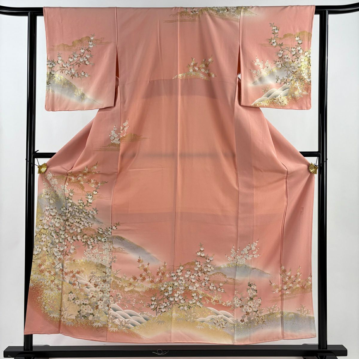 訪問服 身長156.5cm 袖長60.5cm S 雙層 落款あり 橘 波頭 金糸 金銀彩 粉紅 純蠶絲 秀品級