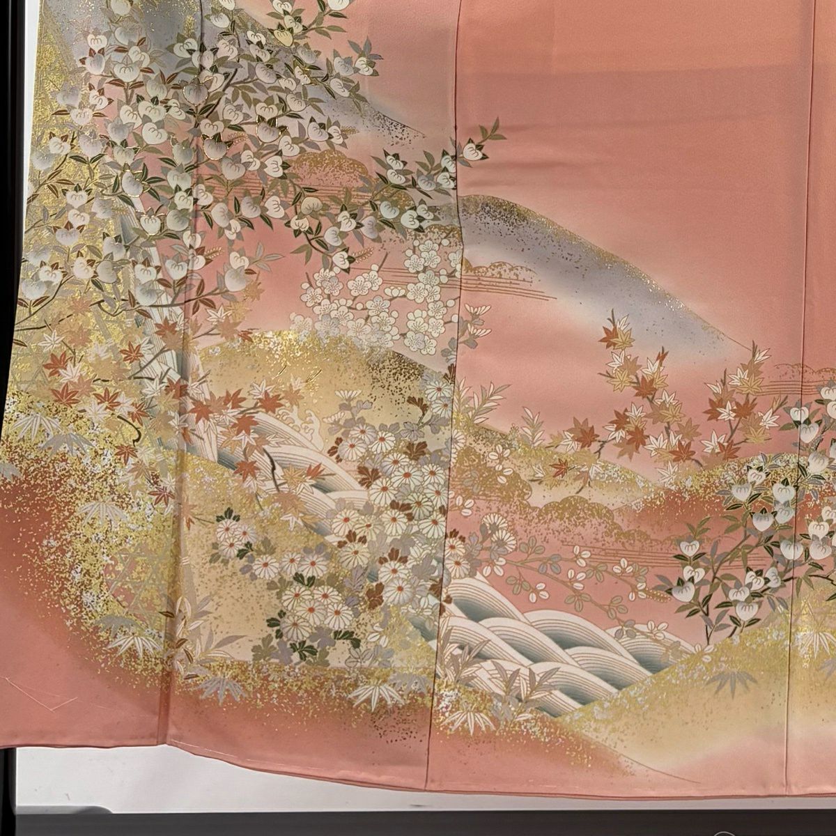 訪問服 身長156.5cm 袖長60.5cm S 雙層 落款あり 橘 波頭 金糸 金銀彩 粉紅 純蠶絲 秀品級