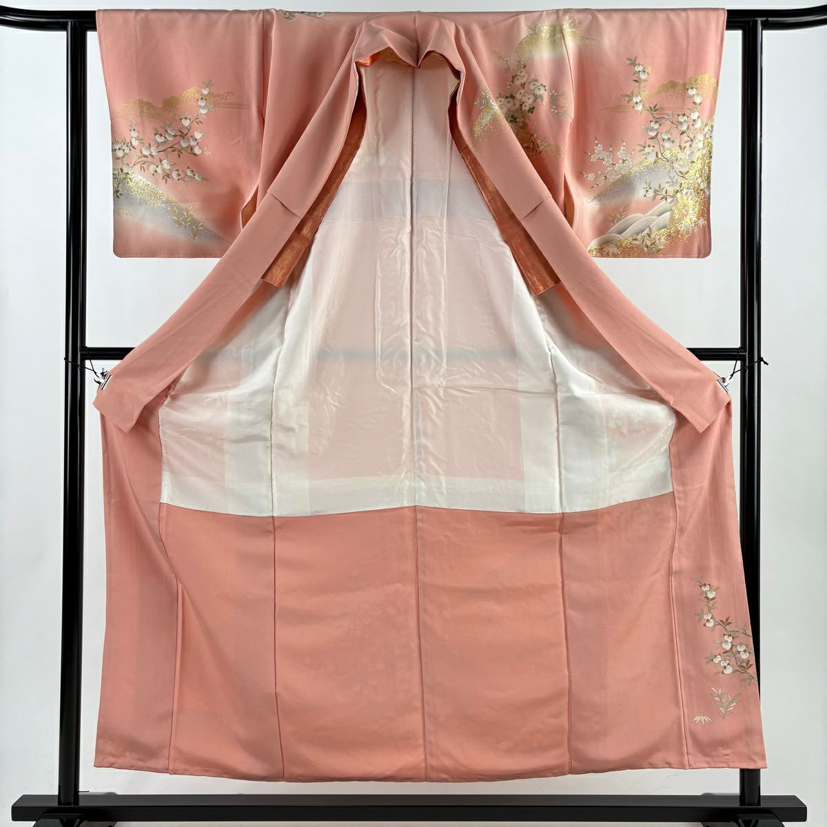 訪問服 身長156.5cm 袖長60.5cm S 雙層 落款あり 橘 波頭 金糸 金銀彩 粉紅 純蠶絲 秀品級