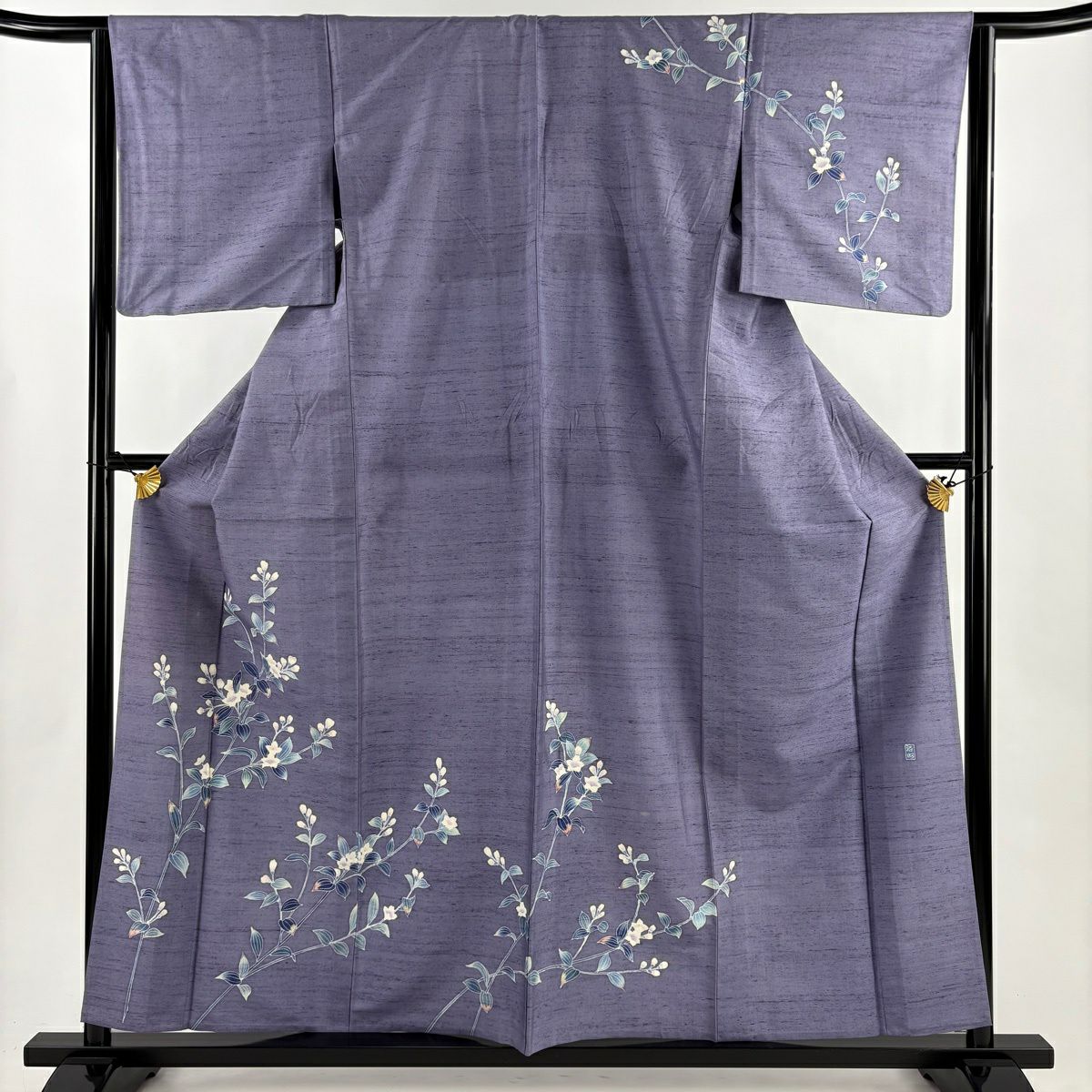 訪問服 身長158.5cm 袖長64cm M 單層 紬織織 落款あり 草花紋紋 灰紫 純蠶絲 秀品級