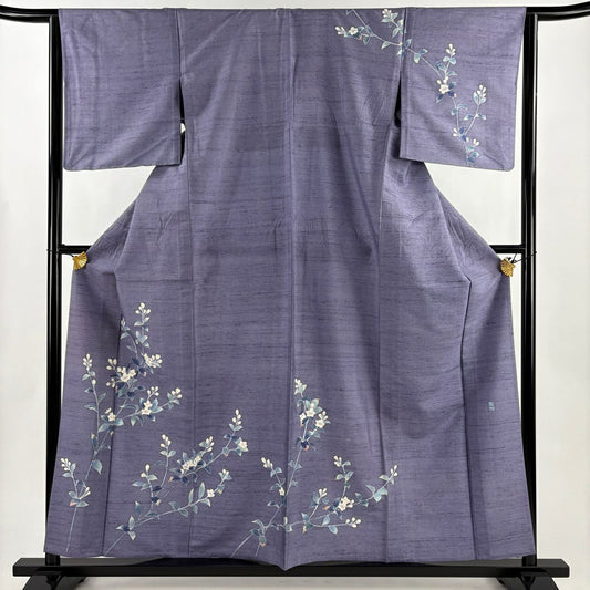 訪問服 身長158.5cm 袖長64cm M 單層 紬織織 落款あり 草花紋紋 灰紫 純蠶絲 秀品級