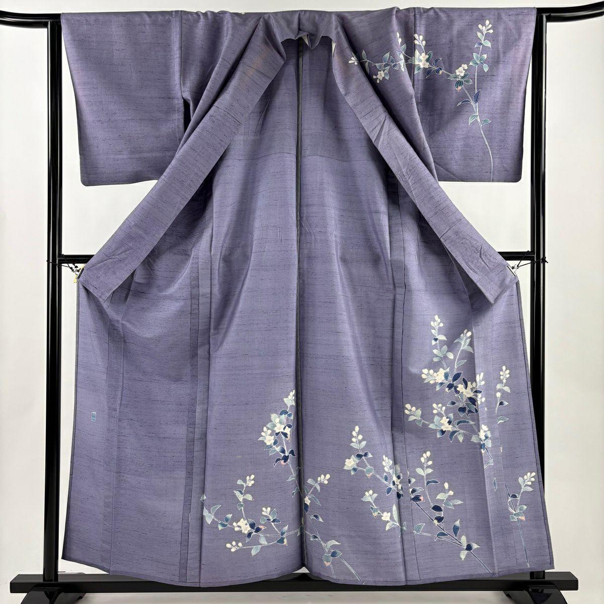 訪問服 身長158.5cm 袖長64cm M 單層 紬織織 落款あり 草花紋紋 灰紫 純蠶絲 秀品級