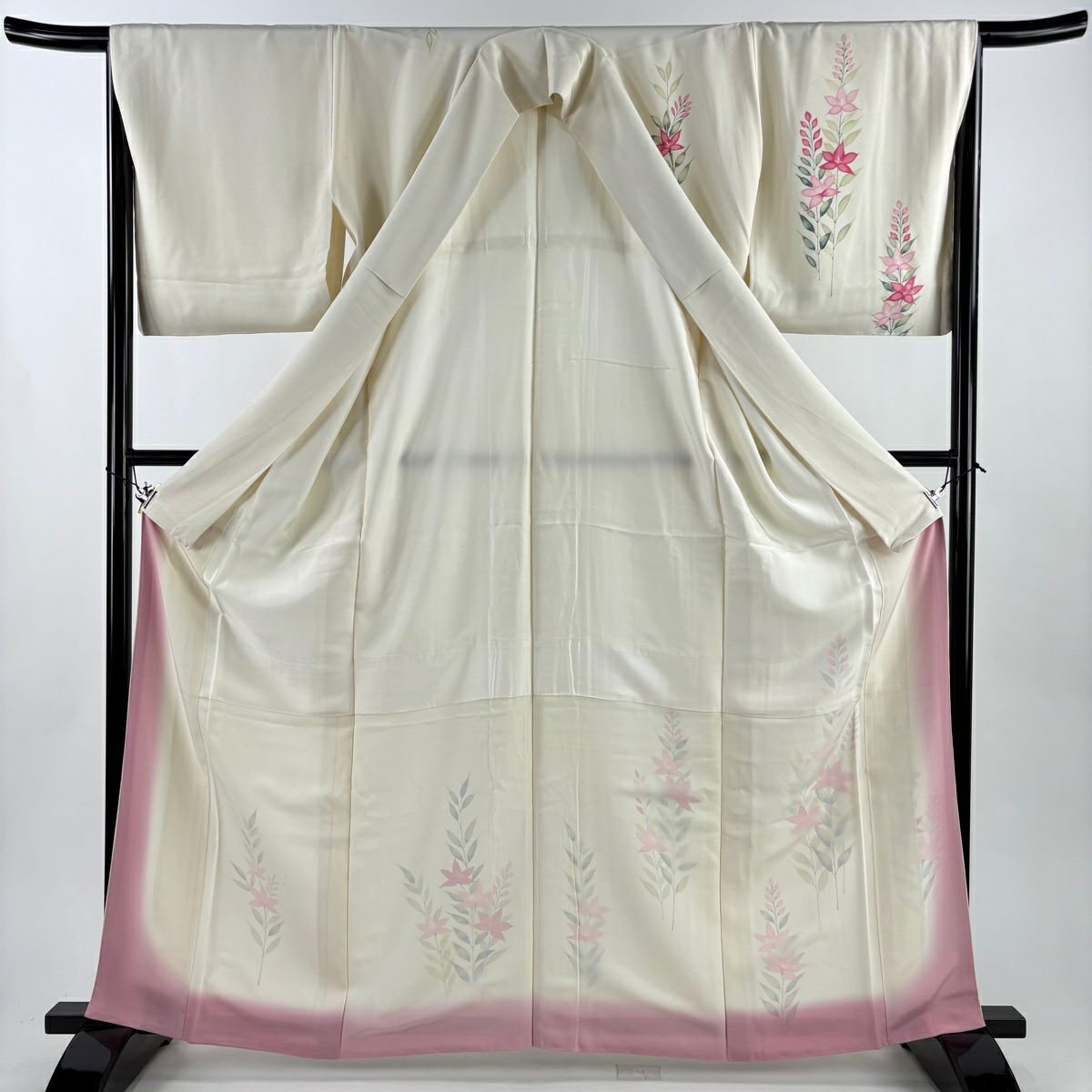 付下 身長164cm 袖長65.5cm M 雙層 草花紋紋 奶油色 純蠶絲 優品級