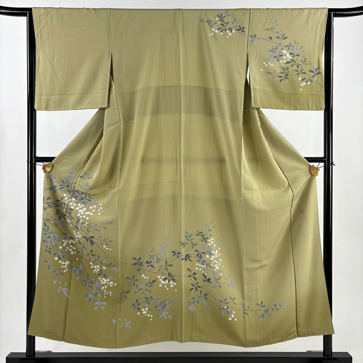 訪問服 身長152.5cm 袖長64.5cm M 雙層 落款あり 枝花 漸層 鶯色 純蠶絲 秀品級