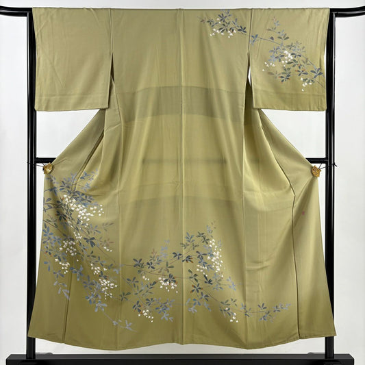 訪問服 身長152.5cm 袖長64.5cm M 雙層 落款あり 枝花 漸層 鶯色 純蠶絲 秀品級