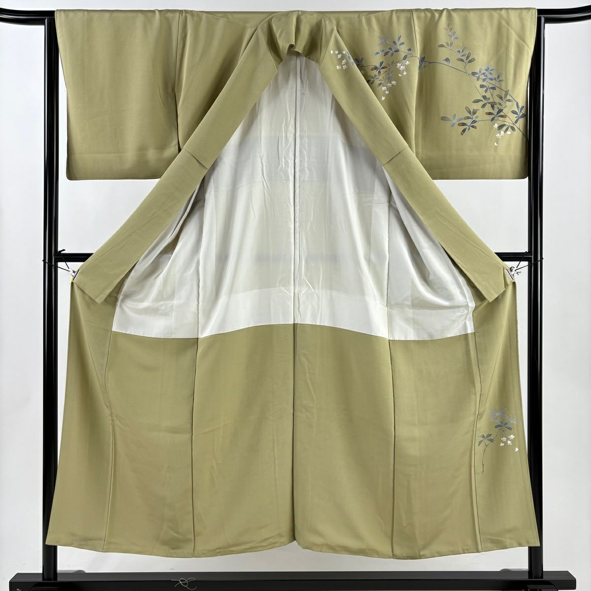 訪問服 身長152.5cm 袖長64.5cm M 雙層 落款あり 枝花 漸層 鶯色 純蠶絲 秀品級