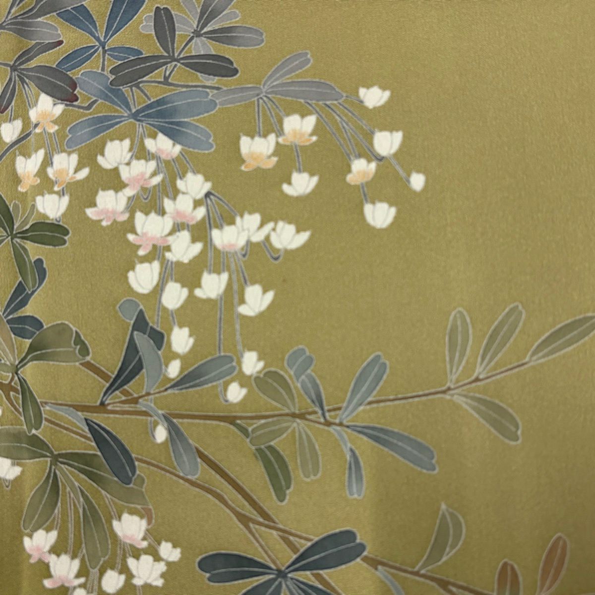 訪問服 身長152.5cm 袖長64.5cm M 雙層 落款あり 枝花 漸層 鶯色 純蠶絲 秀品級