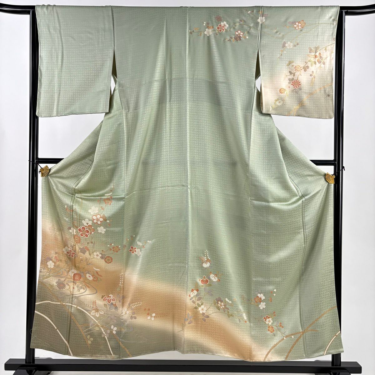訪問服 身長155cm 袖長64.5cm M 雙層 梅花 菊花 金彩裝飾 漸層 淺綠 純蠶絲 優品級
