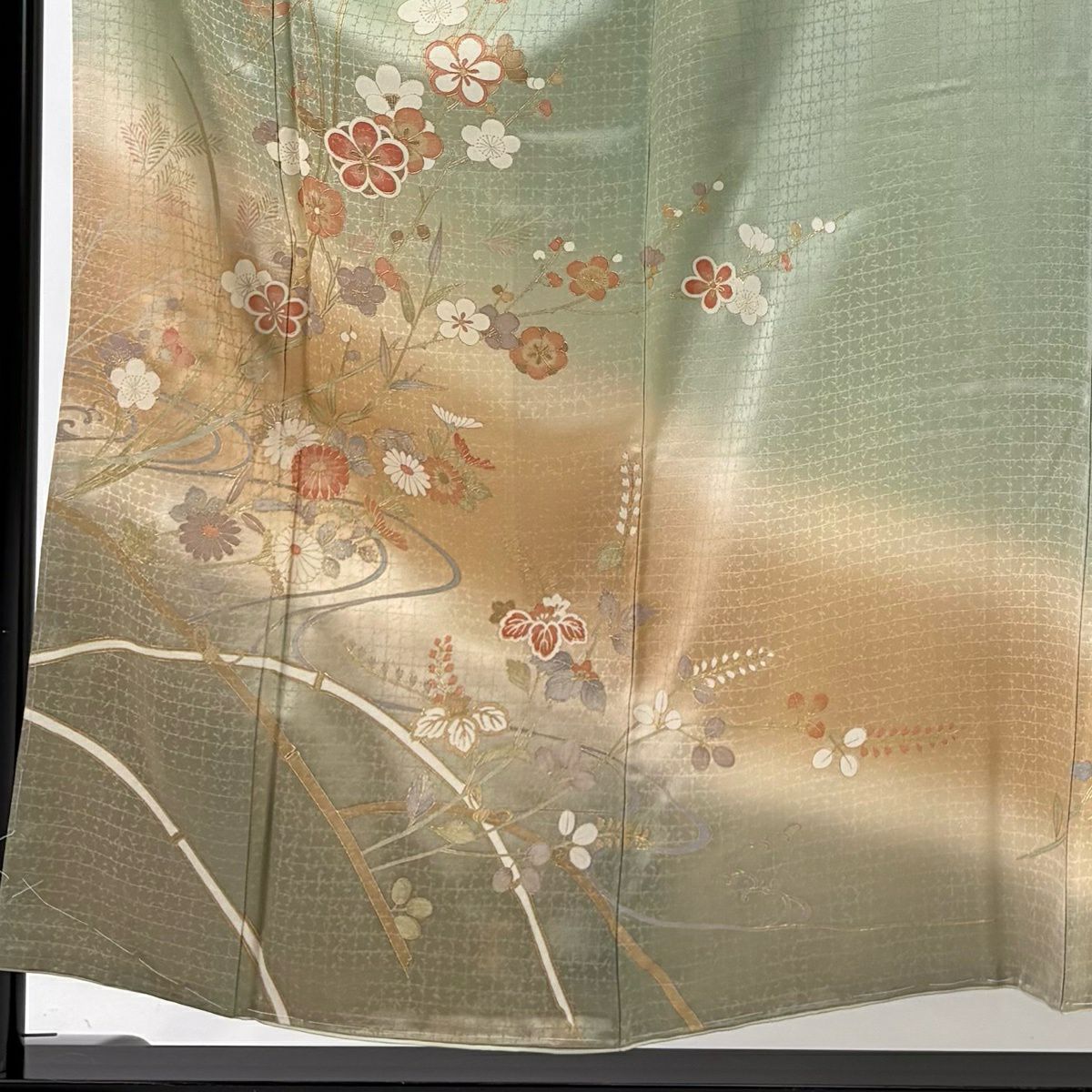 訪問服 身長155cm 袖長64.5cm M 雙層 梅花 菊花 金彩裝飾 漸層 淺綠 純蠶絲 優品級
