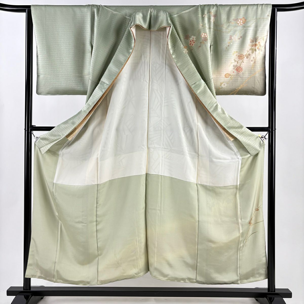 訪問服 身長155cm 袖長64.5cm M 雙層 梅花 菊花 金彩裝飾 漸層 淺綠 純蠶絲 優品級