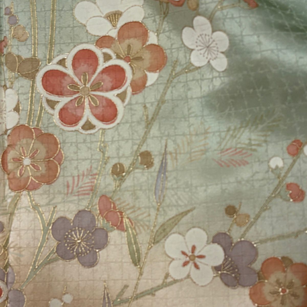 訪問服 身長155cm 袖長64.5cm M 雙層 梅花 菊花 金彩裝飾 漸層 淺綠 純蠶絲 優品級